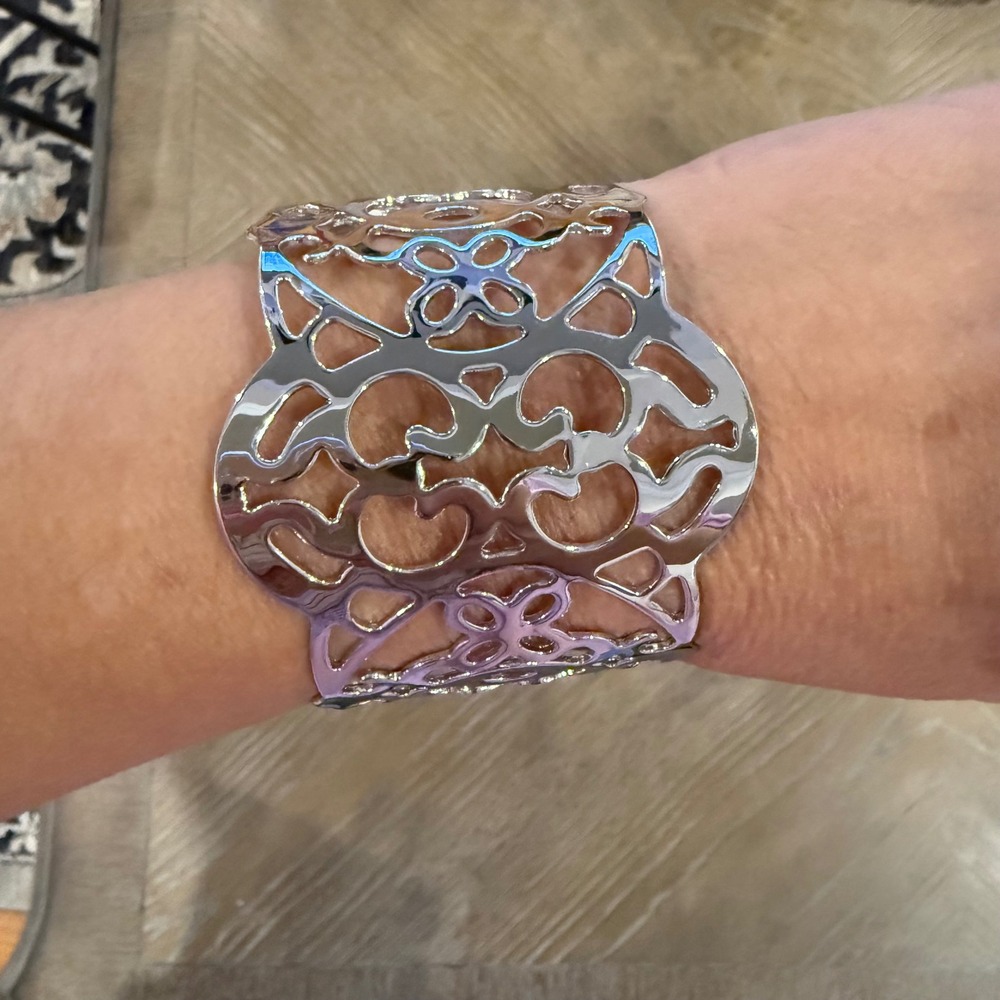 Lia Sophia Appliqué Silver Tone Filigree Wide Adjustable Cuff Bracelet